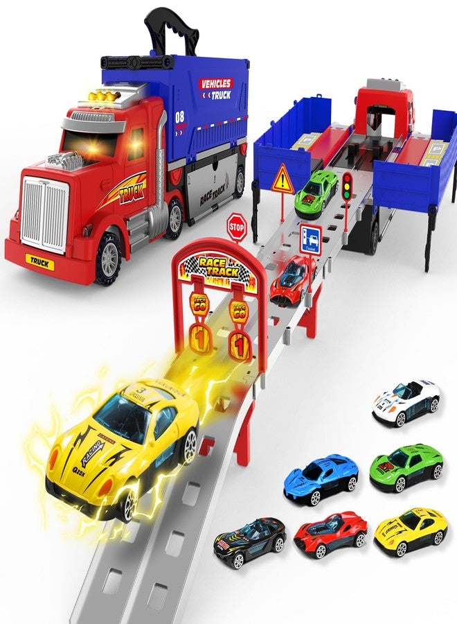 ShyLizard Carrier Truck Race Track Toys, Truck Toys for 3, 4, 5, 6, 7, 8 Years Old Kids, Foldable Transport Truck Toys Car with Lights & Sounds, 6 Metal Cars, Birthday Gifts for Toddler Boys Girls - Image 1